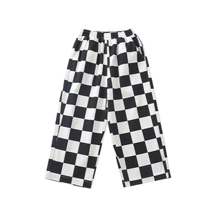 男童街舞裤子棋盘格黑白格子直筒宽松纯棉儿童hiphop穿搭爵士女童