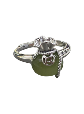 复古福袋戒指女士新中式简约时尚民族风青玉钱袋子开口可调节指环