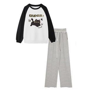 运动套装圆领卫衣初中女生加绒裤子直筒宽松阔腿裤女小个子条纹裤