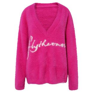 FTT Flythetruth粉红天鹅颈大V领毛衣女秋季高级感宽松针织衫外套