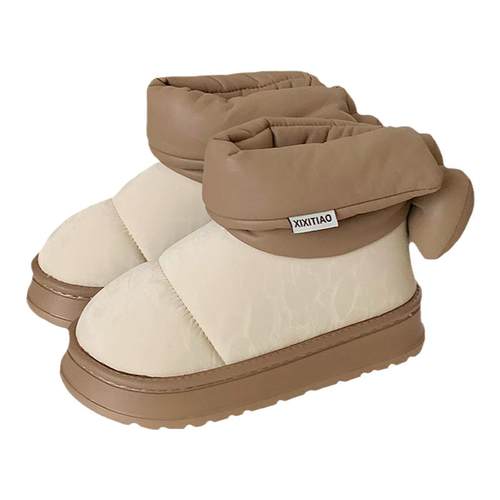 细细条 蝴蝶结雪地靴女冬季加绒保暖网红防水pu防滑厚底中筒棉靴