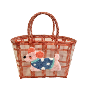 可爱小狗草编包女上班通勤带饭餐包透明果冻包购物菜篮子2025新款