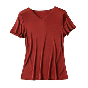 新高品质桑蚕丝女T恤短袖针织打底衫真丝夏季时尚V领纯色修身上衣