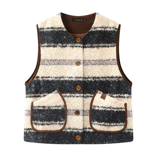 拉夏贝尔/La Chapelle复古仿羊羔毛马甲女秋冬季撞色条纹马夹上衣