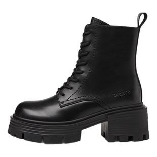 星期六真皮高跟马丁靴女款2025新款秋冬粗跟黑色短靴英伦风小皮靴