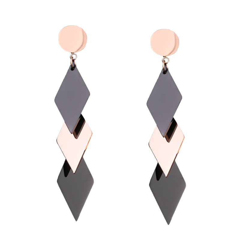 气质款几何菱形耳坠黑色长款钛钢耳环圆脸显瘦耳饰女大气冷淡风潮