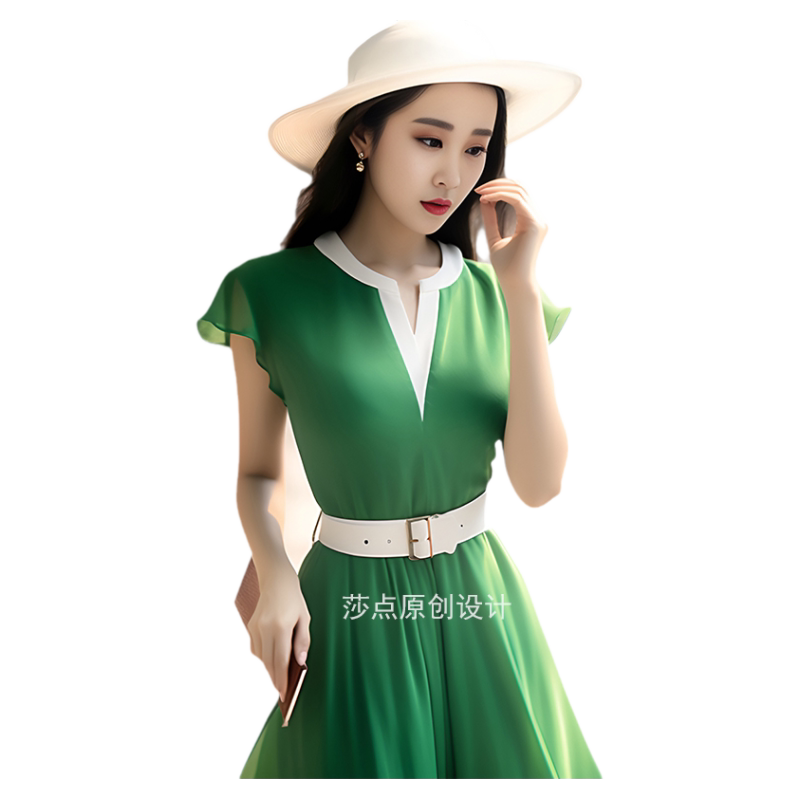 莎点绿色连衣裙收腰显瘦大摆裙