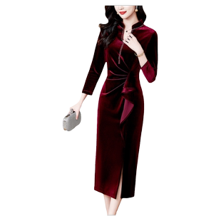 酒红色金丝绒连衣裙女2025年春秋新款喜妈妈礼服高端丝绒长款包臀