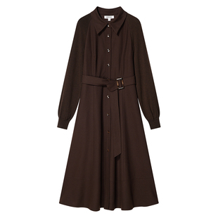 COVERINS2024年冬季新款美丽诺羊毛高级气质收腰衬衫式连衣裙长裙