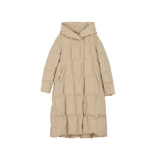 海尔曼斯秋冬时尚长款羽绒服格纹设计感女外套连帽廓形外搭外套