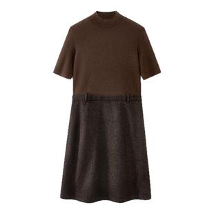 OVV2025秋冬新款女装时髦针梭镶拼休闲短袖针织连衣裙