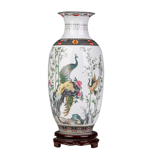 景德镇艺术感陶瓷花瓶一对中式高端瓷器客厅装饰摆件孔雀图插花瓶
