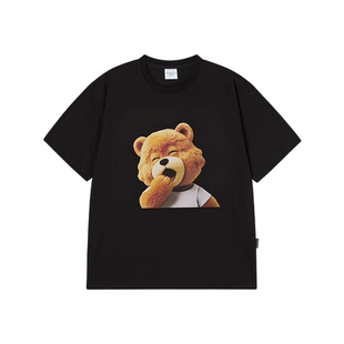 ADLV2026年新款AC熊娃娃脸打哈欠印花短袖卡通风男女上衣圆领T恤