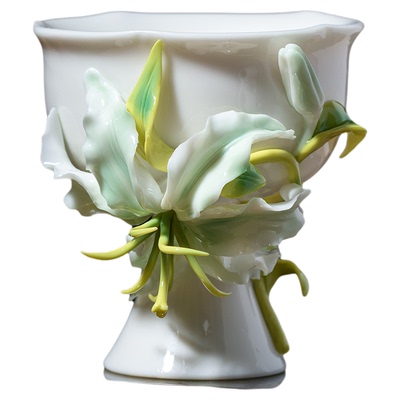 陶瓷非遗釉下彩手工百合瓷花水杯