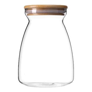 玻璃竹盖密封罐梯形储物罐干果罐透明收纳瓶 茶叶罐 药材展示瓶