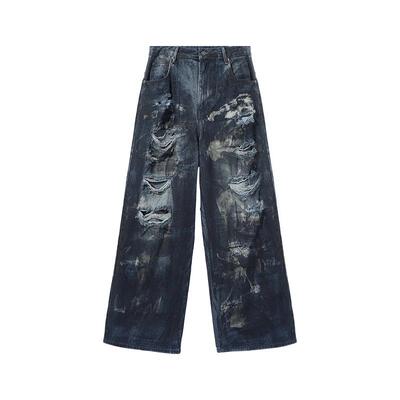 破洞阔腿牛仔裤男女2025宽松拖地