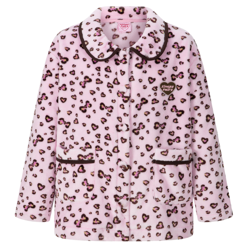 SleepyFairy珊瑚绒豹纹蝴蝶结少女粉冬季家居服女毛茸茸睡衣套装