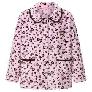 SleepyFairy珊瑚绒豹纹蝴蝶结少女粉冬季家居服女毛茸茸睡衣套装