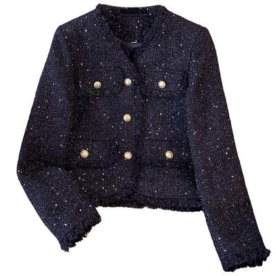 黑色高级感亮闪闪粗花呢小香风短外套女2025深秋冬季新款夹棉夹克