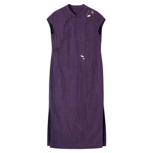 布小匠原创设计桑蚕丝紫色龟纹香云纱绣花旗袍女新中式高级连衣裙