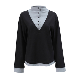 NON RESTRAIN假两件拼接撞色纽扣立领长袖T恤女宽松气质打底上衣