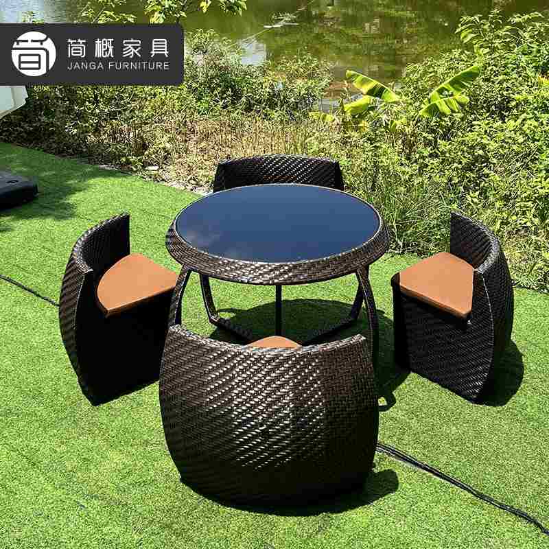 户外家具庭院别墅民宿酒店桌椅收纳藤椅广场圆形四椅奶茶一桌可店