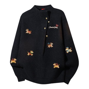 查尔斯桃心马年2026新款保暖半高领针织衫上衣男女冬季休闲毛衣潮