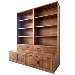 老榆木实木卡座书柜新中式客厅书房简约整墙组合书架展示柜家用