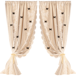 法式奶油风双层遮光窗帘纱布一体网红公主风ins黑色蝴蝶蕾丝门帘