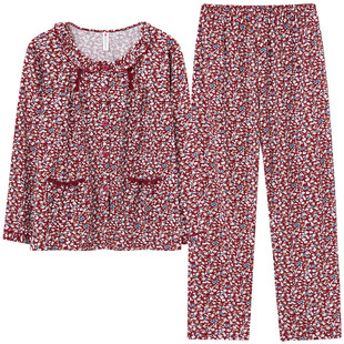 南极下100%纯棉睡衣女长袖春秋开衫大码中年妈妈家居服夏薄款套装