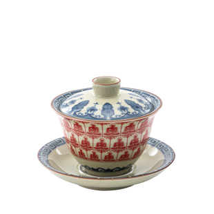 老陶泥三才盖碗青花陶瓷敦煌千佛泡茶碗开片可养悬停盖碗功夫茶具