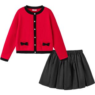 巴拉巴拉女童小香风套装中大童红色拜年服秋冬款童装儿童毛衣裙子