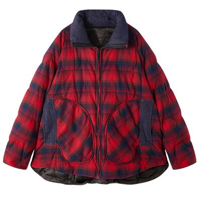 谜底两面穿羽绒服2025冬季新品红黑格子牛仔拼接保暖女254MY1618