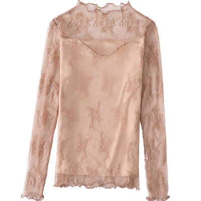 蕾丝打底衫女长袖春秋季内搭高级感加绒加厚冬季洋气网纱收腰上衣