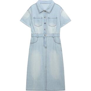 播凉感牛仔连衣裙女夏季衬衫领短袖长裙DDR2LD5749