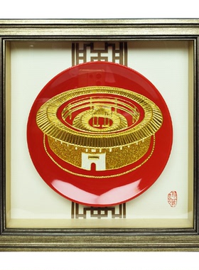 永定土楼漆线雕24K真金箔摆件