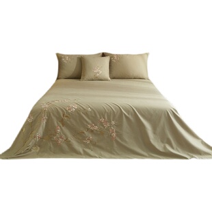 nineer外贸全棉刺绣双人床单三件套抹茶卡其纯棉绣花宿舍被单单件