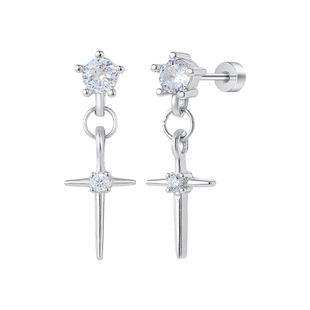 银色十字架锆石吊坠耳环男款钛合金耳钉轻奢男士钛钢耳坠秋冬耳饰