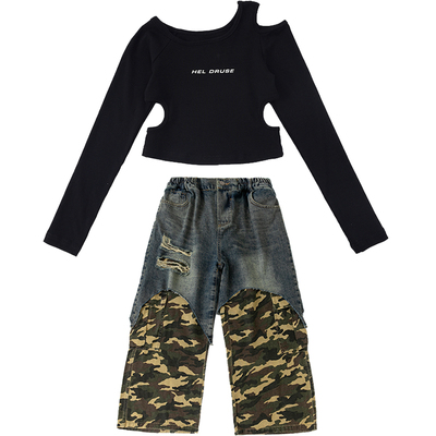 女童露脐长袖jazz爵士舞街舞服装