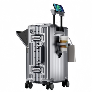 前开式行李箱男铝框大容量旅行箱20寸登机箱带杯架拉杆箱女密码箱