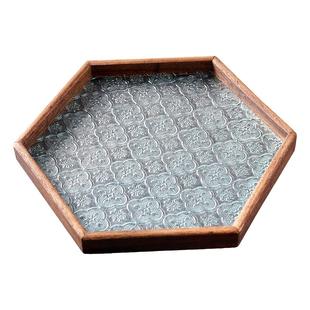 复古海棠压花玻璃托盘瓜子盘中式木质干果茶盘零食盘八角糖果盘子