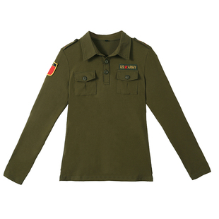 春秋新款大码水兵舞服男女修身翻领黑色广场舞五角星老鹰t恤上衣