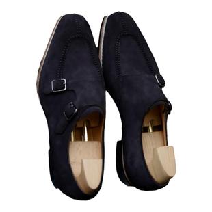 固伦休闲孟克手工男鞋固特异琴底半挪威缝真皮反绒皮鞋偏黑蓝色