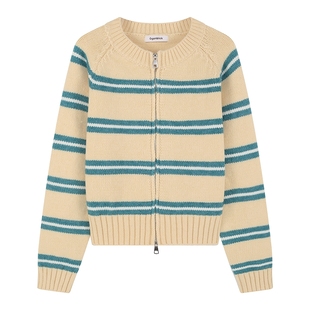 北欧时刻格蕾系撞色条纹针织开衫女2026年春秋新款双拉链毛衣外套