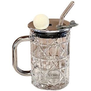 尊慕斯吸管玻璃水杯2024新款女高颜值家用办公茶杯带盖把手咖啡杯