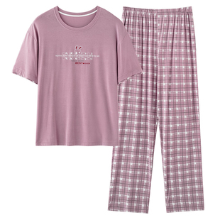 妈妈睡衣女夏季薄款纯棉短袖长裤套头中年人妇女士家居服休闲套装
