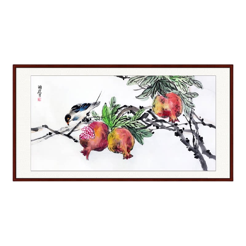 花鸟水墨石榴笑口常开