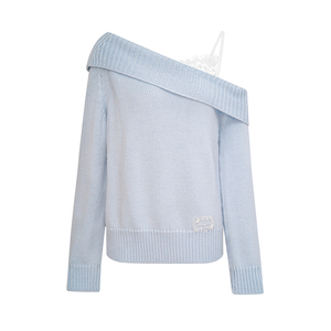 Kroche 24aw 云柔漫步 羊毛混纺 蕾丝拼接斜肩宽松毛衣