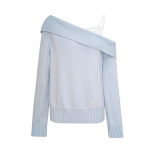 Kroche 云柔漫步 羊毛混纺 蕾丝拼接斜肩宽松毛衣