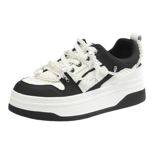 星期六秋季新款黑白撞色休闲板鞋珍珠装饰小白鞋厚底运动鞋女